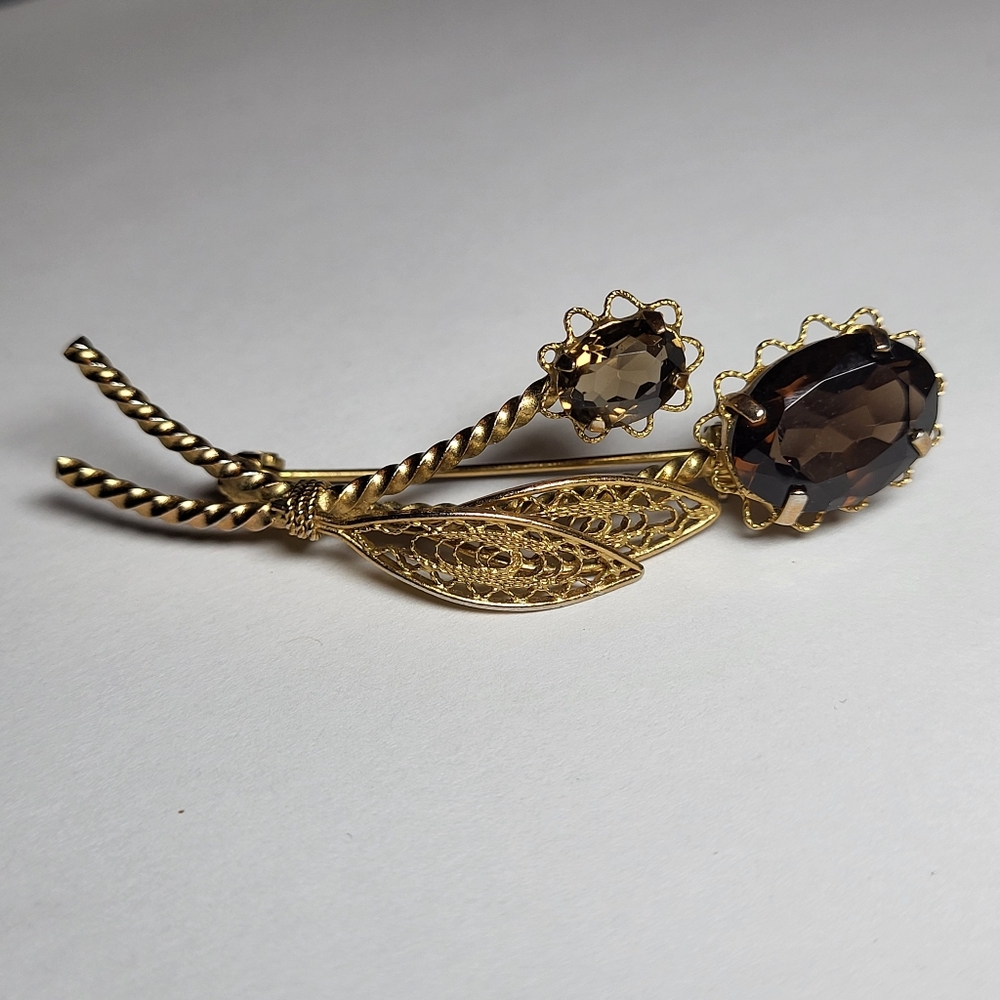 Vintage, Victorian Revival Smoky Quartz, Gold Tone Filigree Floral Brooch